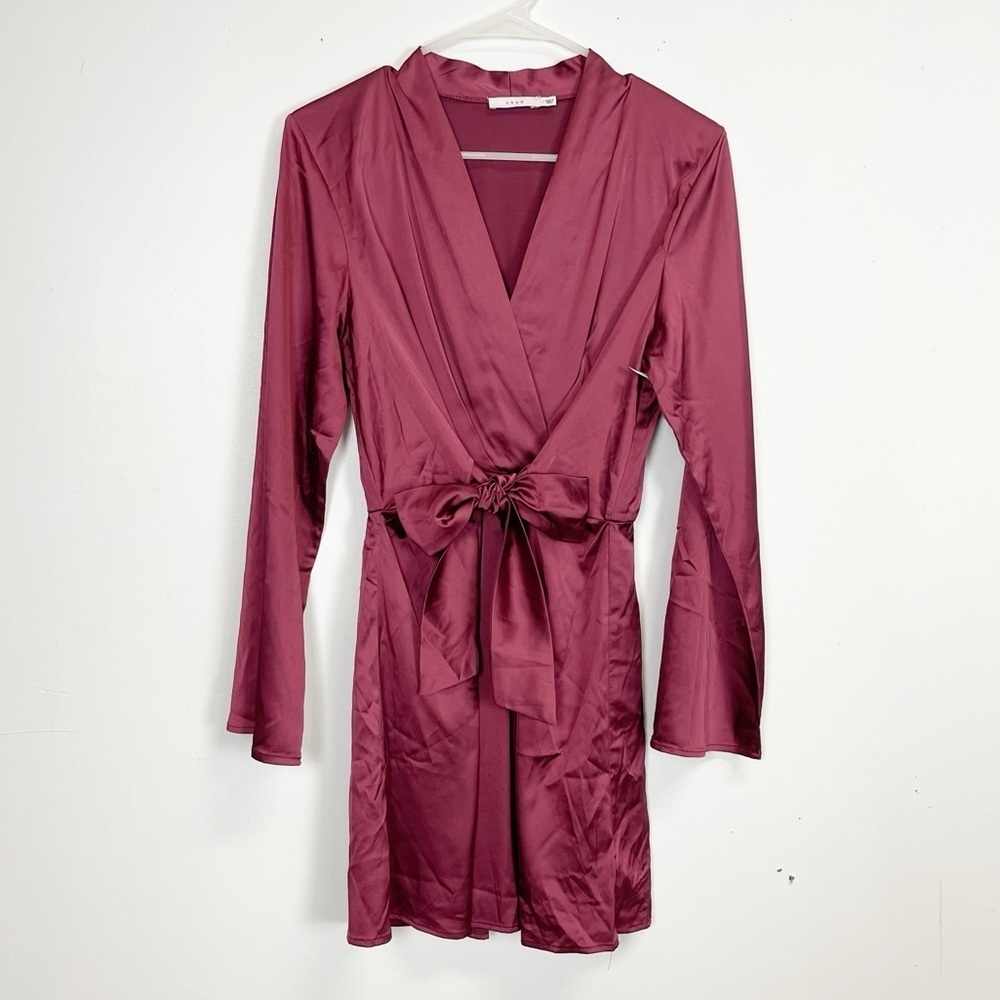 NEW Lush VNeck Dress Womens Small Mulberry Red Tie Front Long Sleeve Satin NWOT